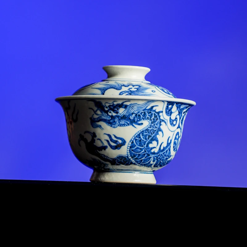 古窑御器柴烧青花龙纹元宝二才盖碗