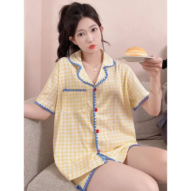 韩系睡衣女款夏季黄色格子甜美学生宽松短袖短裤家居服套装可外穿