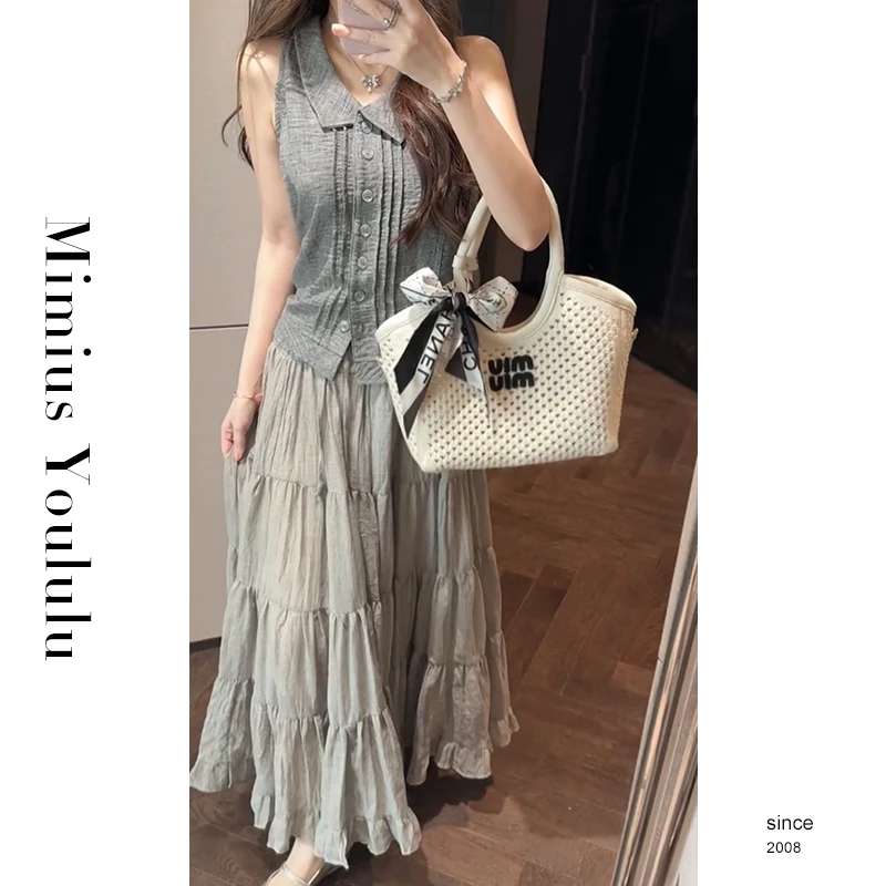 【mimius】婷失焦记忆 清冷感翻领修身无袖上衣+半裙（松紧腰）G06011