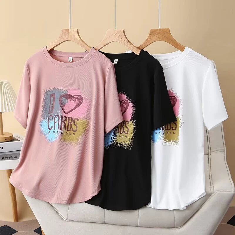 YANUJIAO/雅奴嬌微胖mm短袖春夏大码宽松字母印花t恤女士百搭半袖