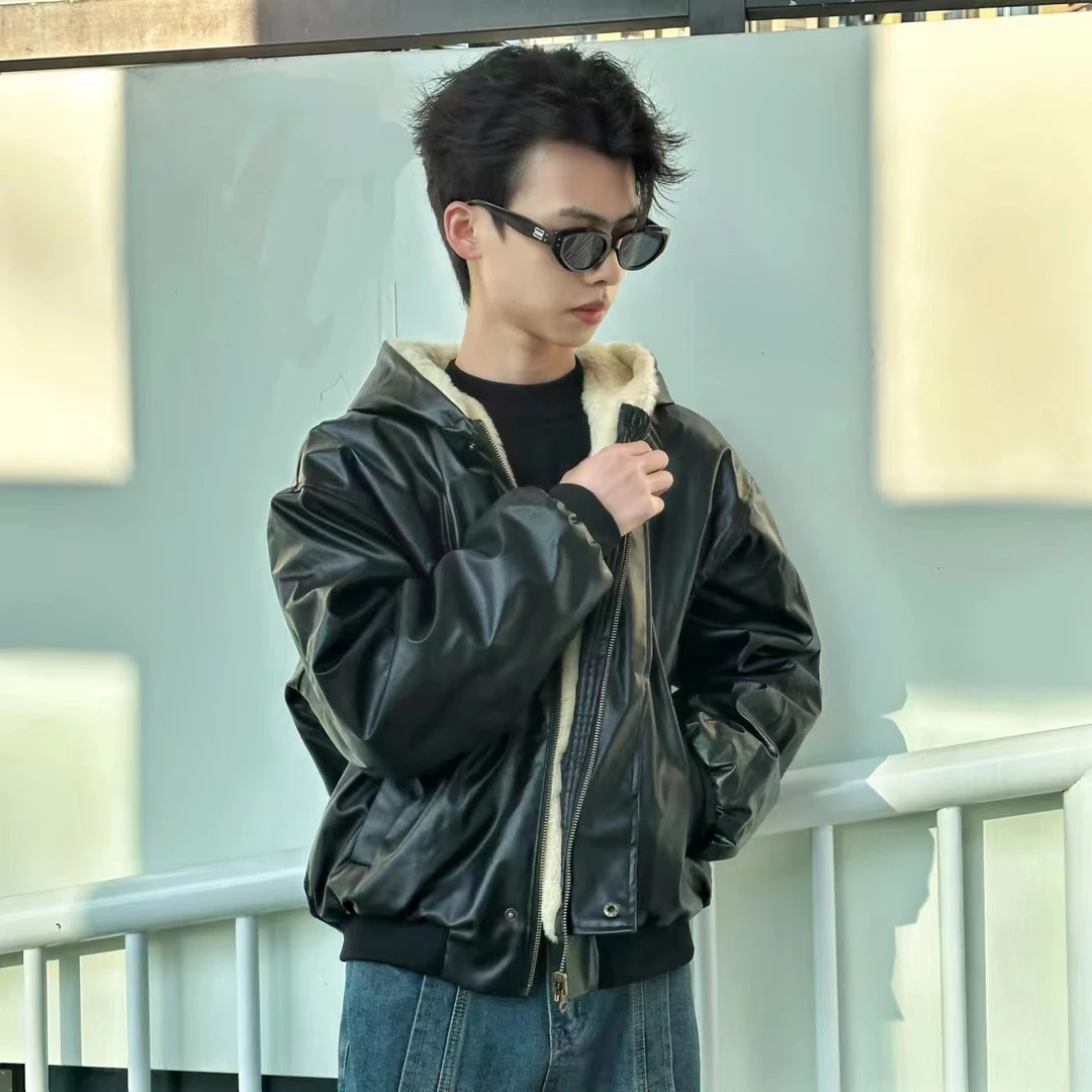 [JIANGMOYAN]新款毛绒双面穿PU皮棉服加厚加绒保暖设计感连帽棉衣
