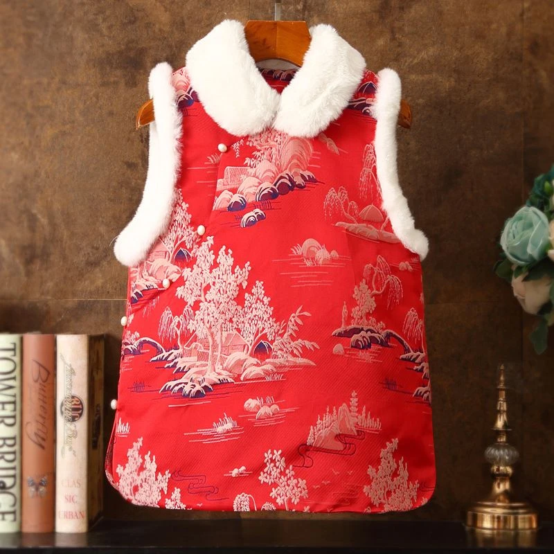 新中式喜庆加绒加厚款背心中国风冬款刺绣加绒钉珠斜襟纽扣马夹冬