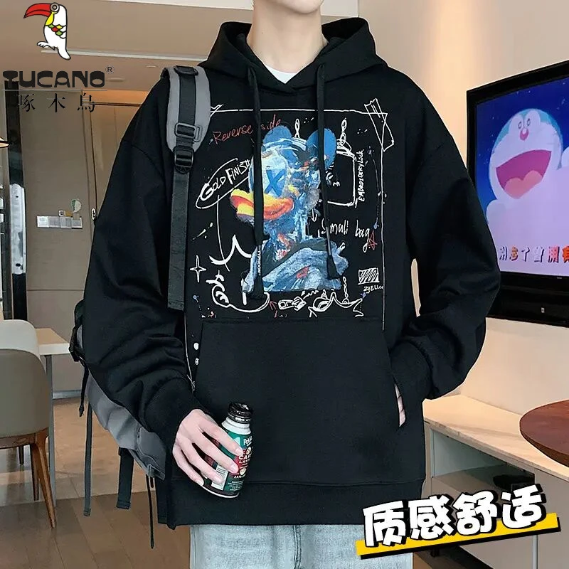 啄木鳥连帽卫衣男士春秋季休闲百搭帅气宽松套头涂鸦印花男生衣服