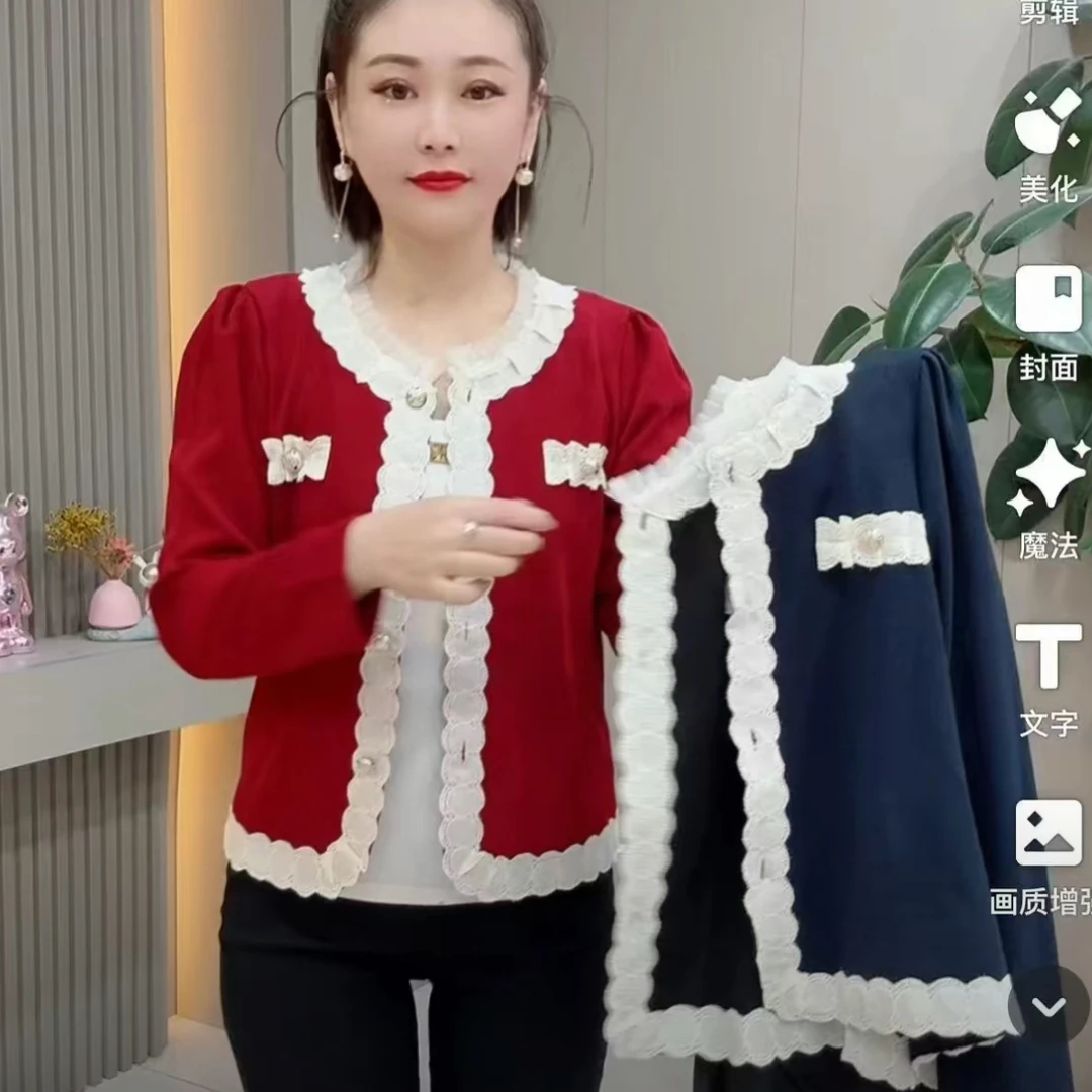小香风长袖纯色木耳领常规T恤显瘦重工ins轻奢秋季