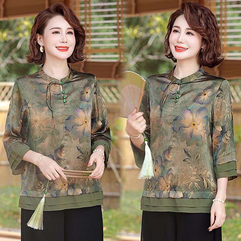 妈妈夏装七分袖上衣新中式仿真丝洋气T恤中老年女装夏季新款小衫