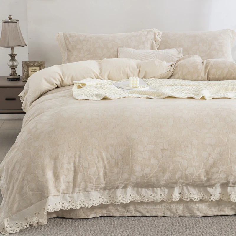 【罗马假日-棉麻 】法式蕾丝原生态麻本色床单被套四件套