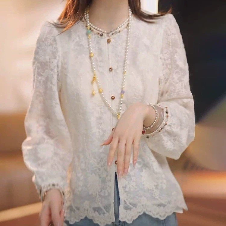 别致漂亮显瘦上衣宽松洋气感春季2025蕾丝女高级小衫新款衬衫减龄