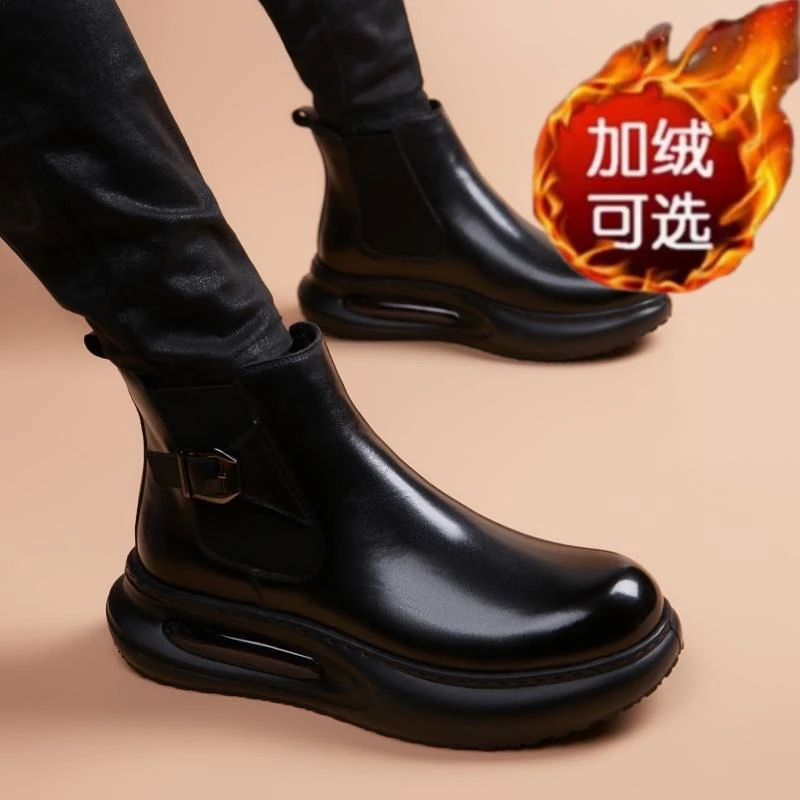 冬季加绒马丁靴真皮男士百搭气垫底套脚厚底英伦切尔西中帮皮靴子
