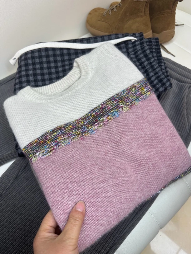 杨姐家 彩虹条圆领长袖毛衣 百搭洋气休闲韩系