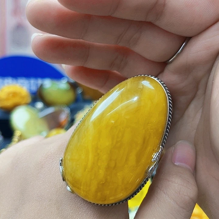 蜜蜡银S925镶嵌裸石戒指