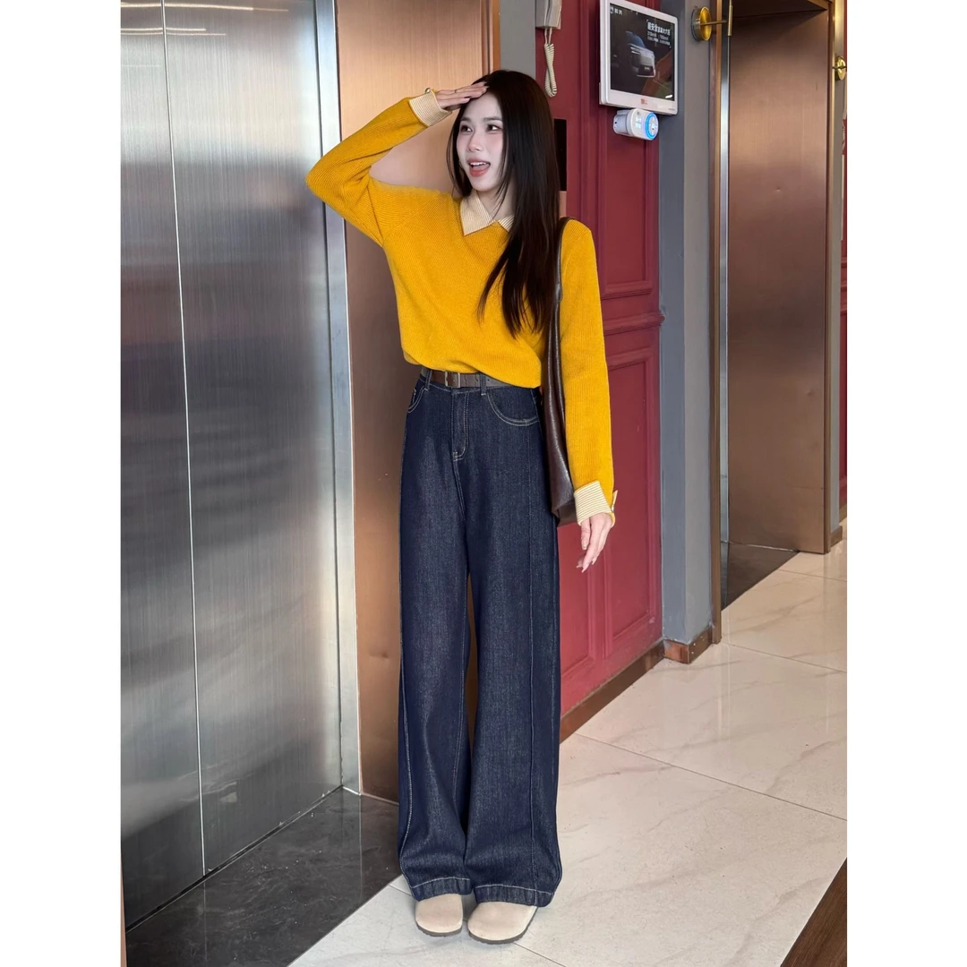 丹宁蓝高腰直筒牛仔牛仔裤女款2025新款秋冬显瘦加绒加厚裤子6015