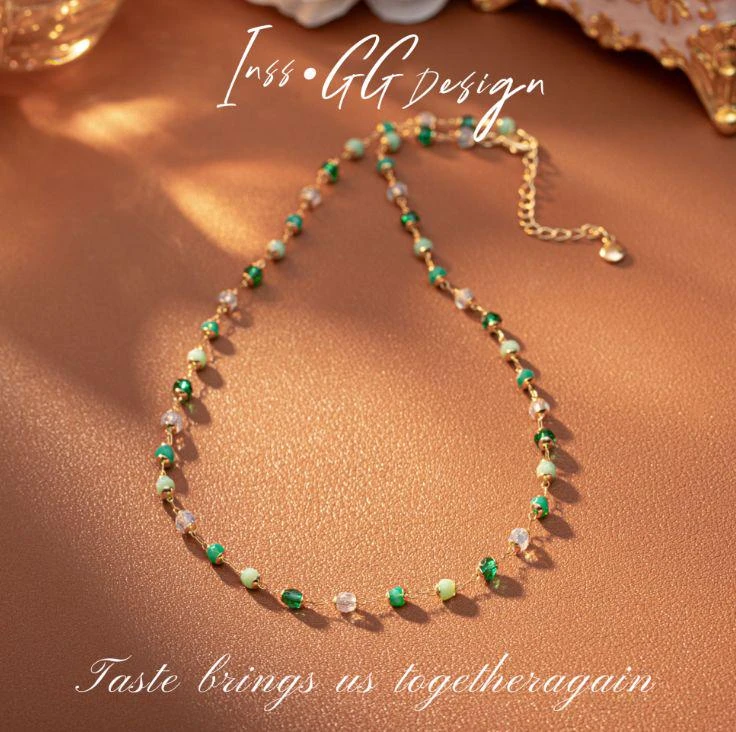 铜合金仿水晶项链 高级感时尚百搭绿色项链FX00217B7