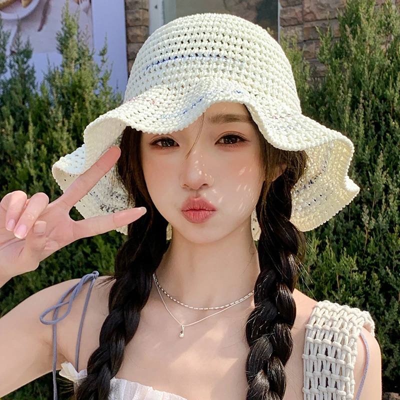 夏季新款帽子女时尚针织波浪沿夏天户外甜美清新渔夫帽遮阳防晒帽