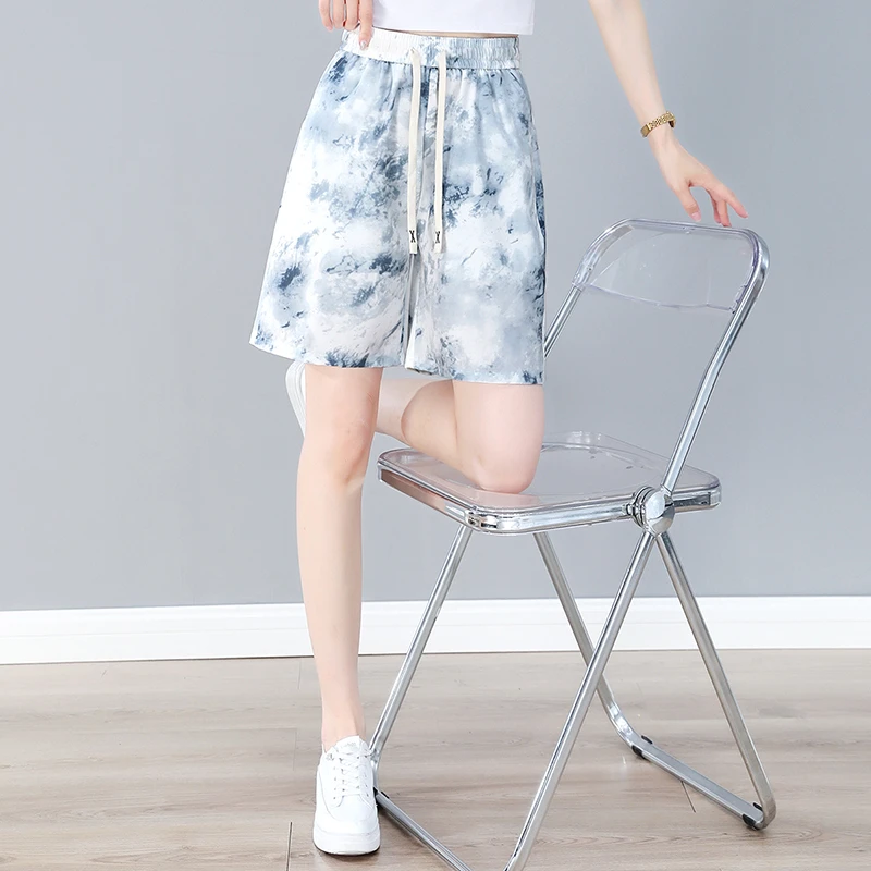 冰丝速干短裤女新款夏季薄款休闲时尚印染五分裤宽松显瘦运动裤子