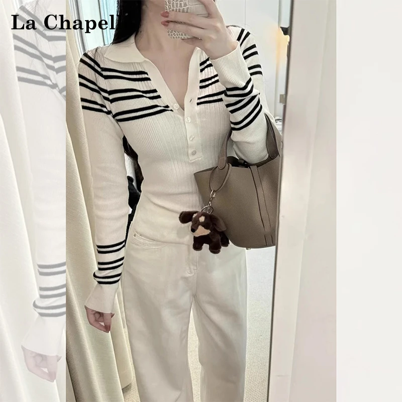 拉夏贝尔黑白撞色条纹polo领针织长袖T恤女2025秋季修身气质上衣
