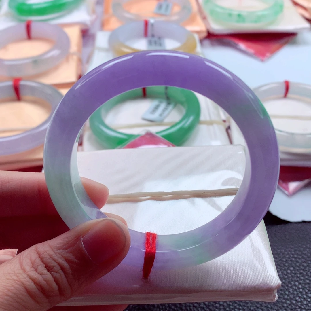 翡翠未镶嵌手镯54妖紫毕业紫春彩种老起胶高货微瑕A