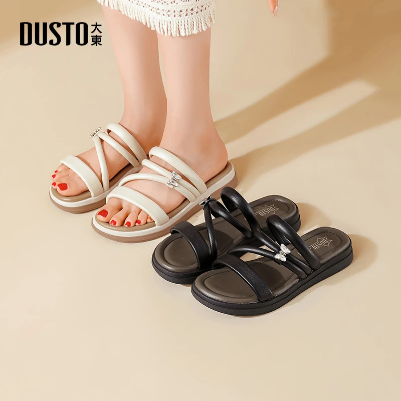 大东休闲平底沙滩拖鞋2025新款外穿百搭水钻女鞋舒适透气鞋子1241