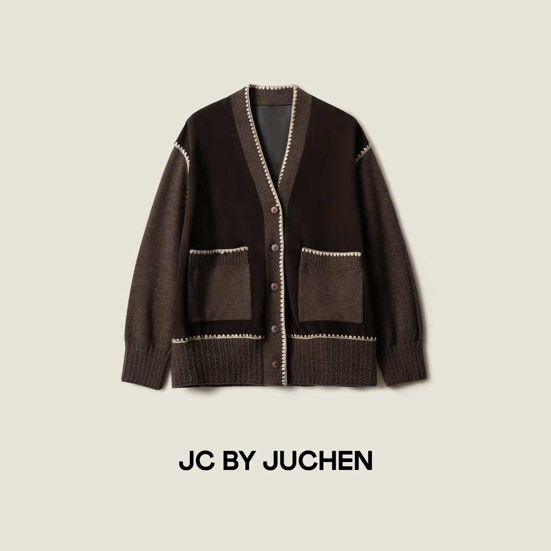 LIBOSHU黑标线“双生之绒”针织拼接山羊鹿绒皮衣外套 FW115007-896