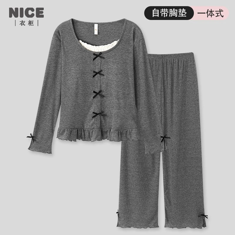 带胸垫睡衣女春秋款棉质长袖家居服套装可外穿2025新款春季公主风