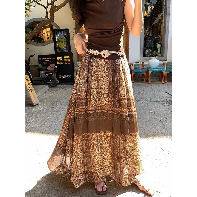梅子熟了 100苎麻复古印花半身裙女夏季高腰显瘦民族风a字长裙