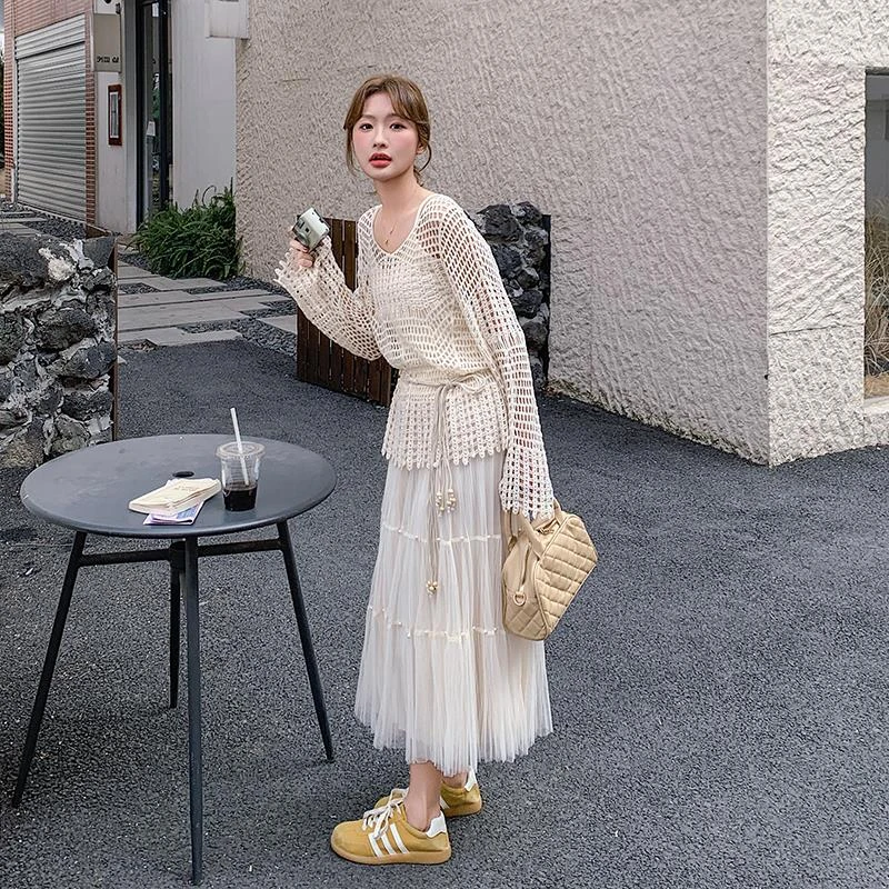 针织镂空罩衫吊带半身裙套装女2025新款独特漂亮韩系高级感三件套