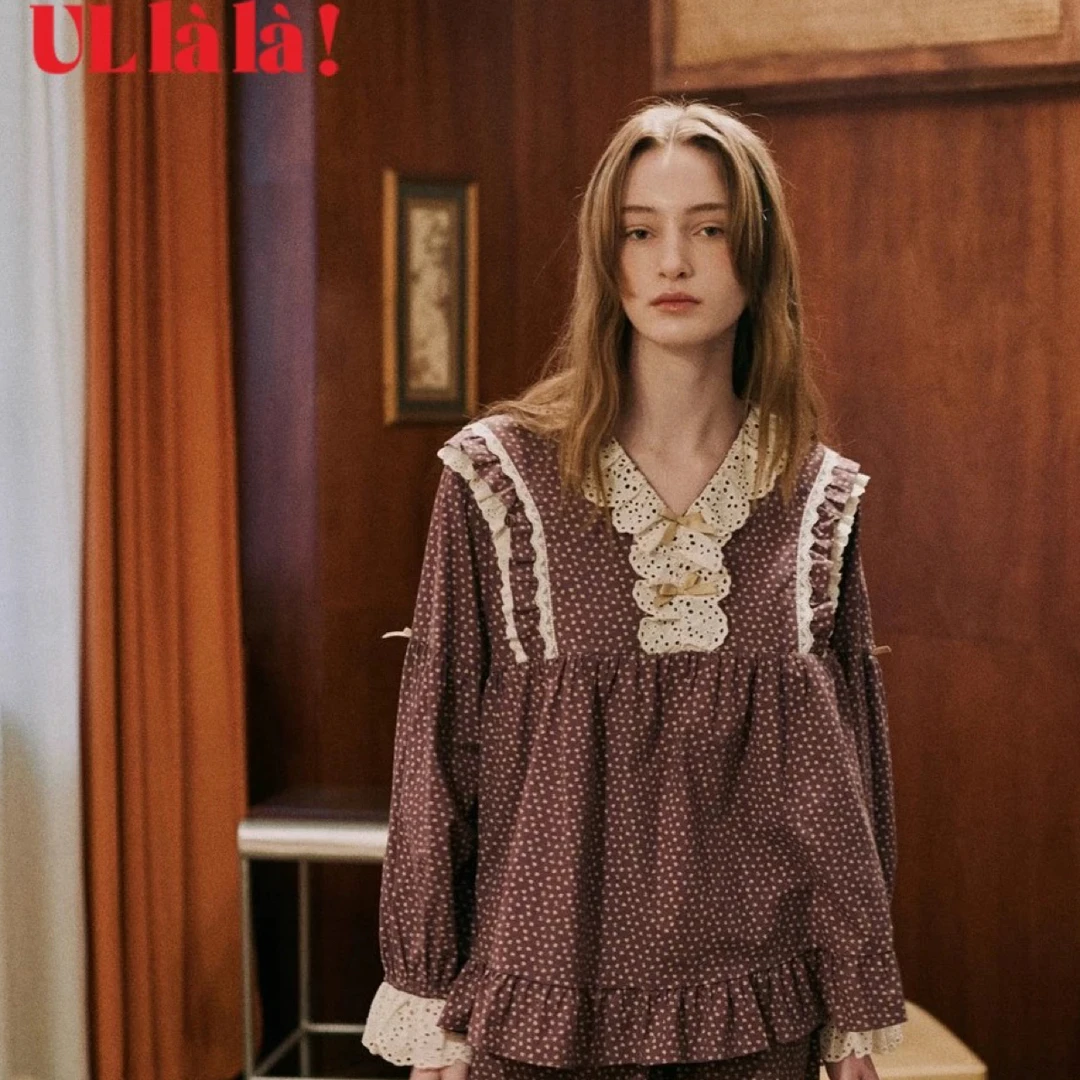 ULLALA 长袖长裤家居服套装甜美上衣秋冬印花睡裤