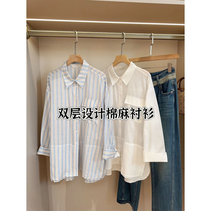 棉麻宽松口袋双层下摆设计感衬衫女