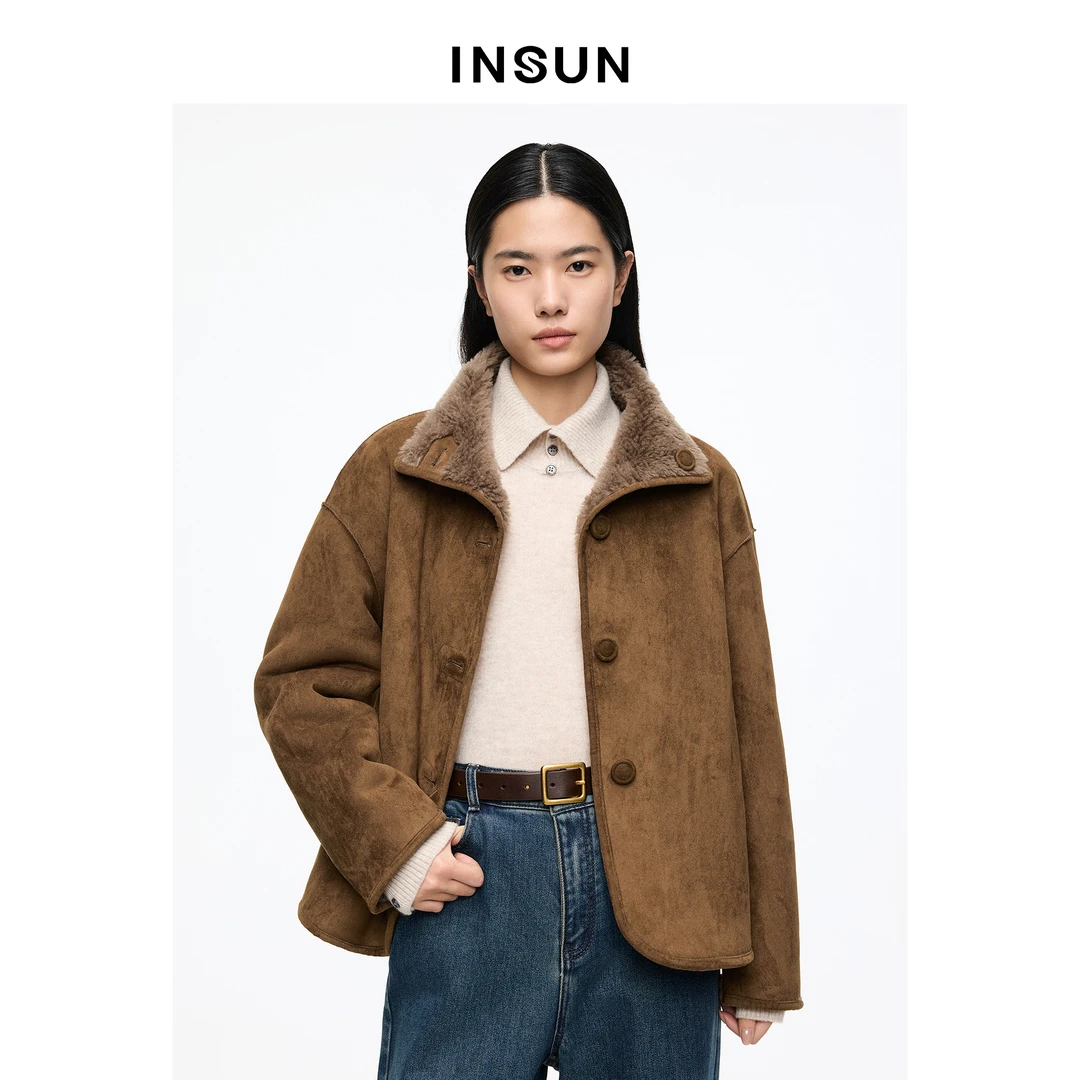 INSUN/恩裳INSUN恩裳新款复古风毛领双面穿羊毛短外套9C66110090