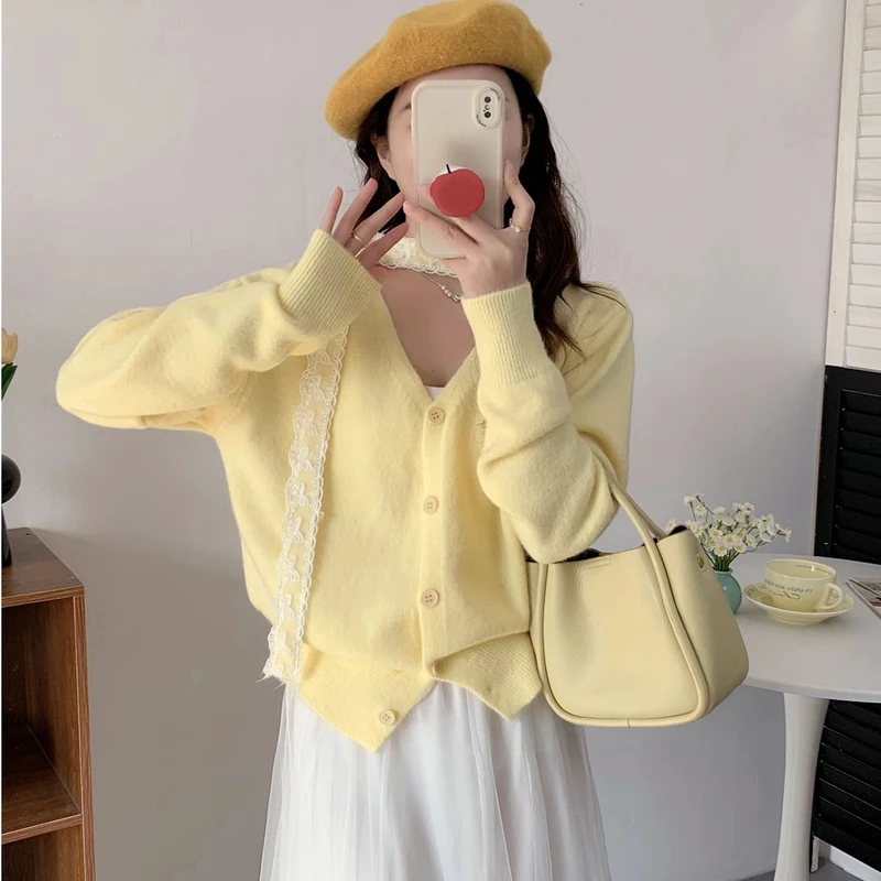 奶fufu软糯蕾丝飘带氛围感开衫针织衫女春季新款洋气V领毛衣外套