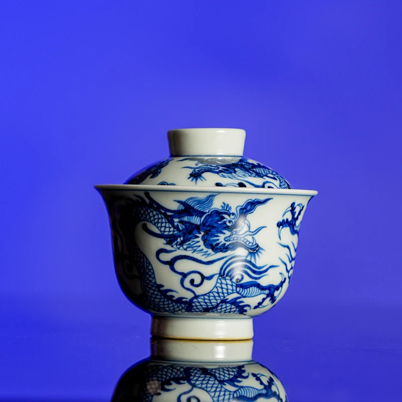 古窑御器柴烧青花龙纹二才盖碗