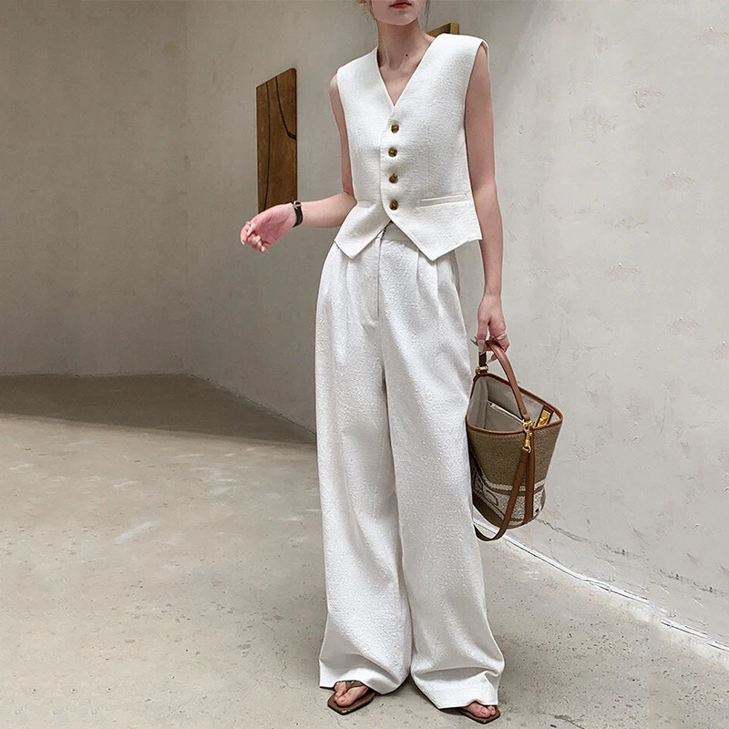 高级感白色老钱风棉麻马甲夏季松弛感阔腿裤长裤时尚套装两件套女