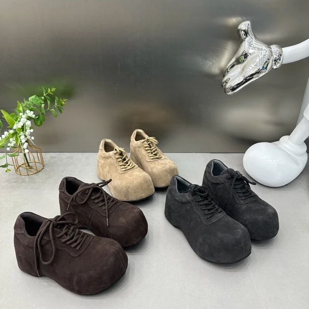 复古女厚底系带大头鞋2025年早春新款韩版时尚休闲鞋高级感单鞋三