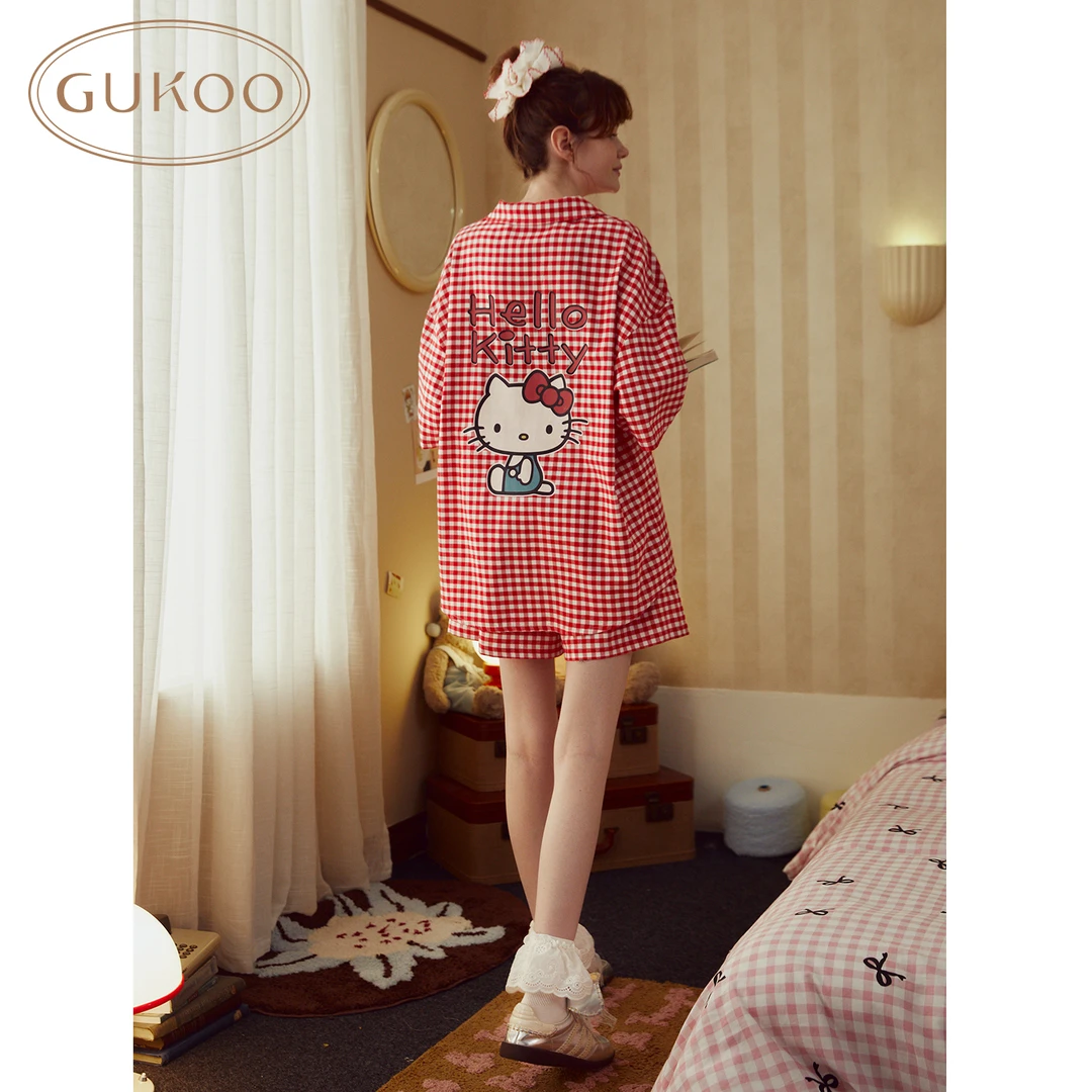 【Gukoo果壳】HelloKitty睡衣夏季红格子纯棉套装女士可外穿家居服