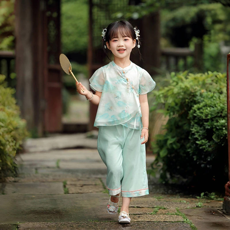 萌乎【云外】夏季女童中国风复古可爱日常裤子套装-242289