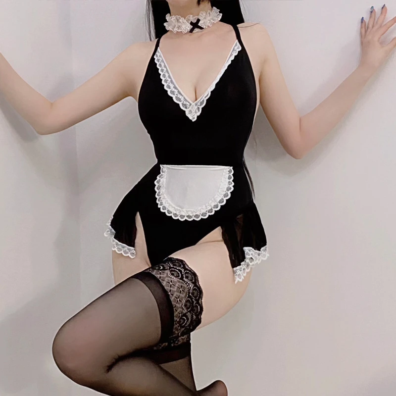 夏季薄款女装性感黑色女仆制服带围裙深V吊带连体裙子带颈环睡衣