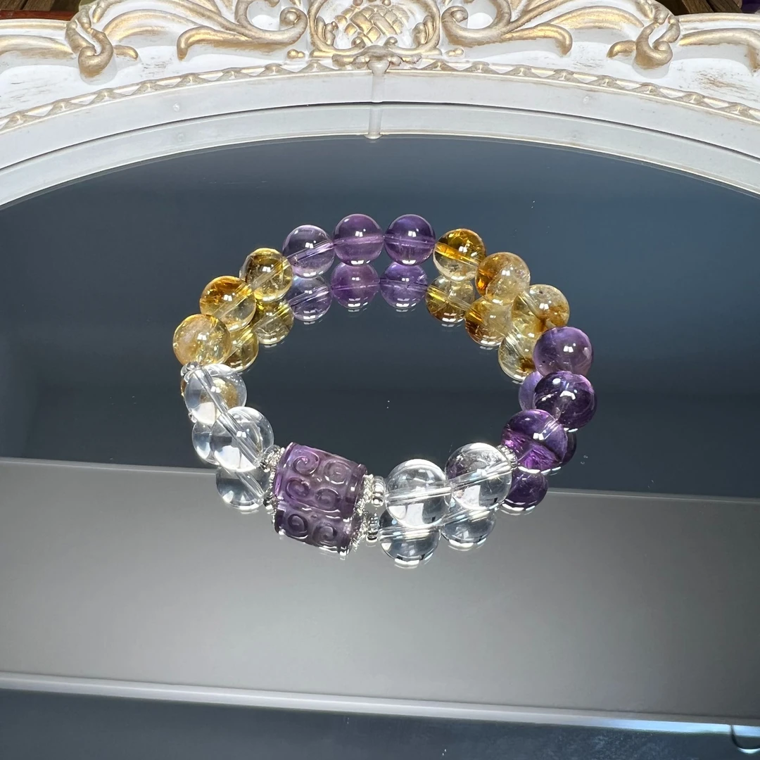 A277天然紫水晶+黄塔晶+白水晶+回纹桶珠手串手链