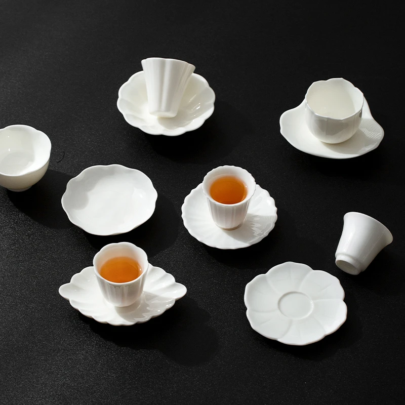 羊脂玉瓷花口套杯手工陶瓷带杯垫防烫茶杯品茗杯高档单杯家用茶具