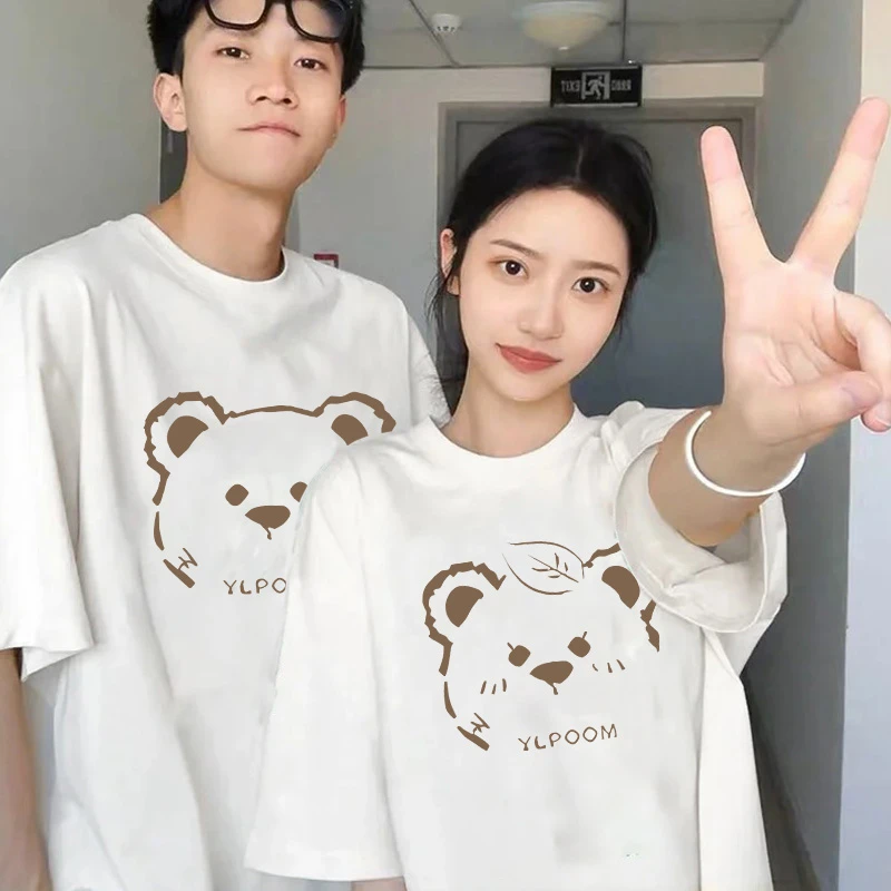 两件装 棕色小熊 印花情侣装百搭短袖宽松ins纯棉T恤圆领夏季半袖