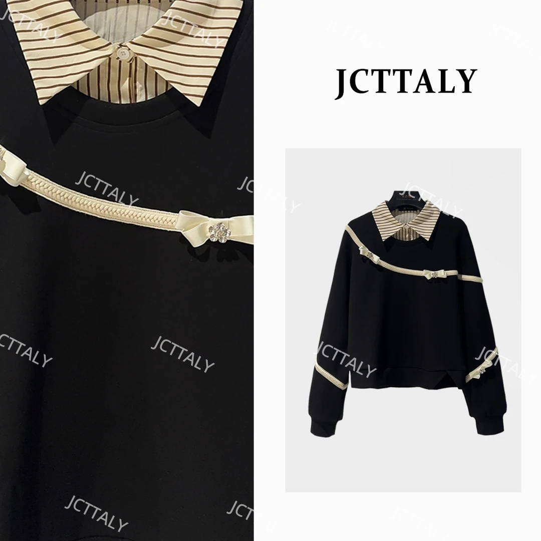 【宠粉价】韩系秋冬新款假两件条纹领蝴蝶结饰条宽松卫衣JC-A4358