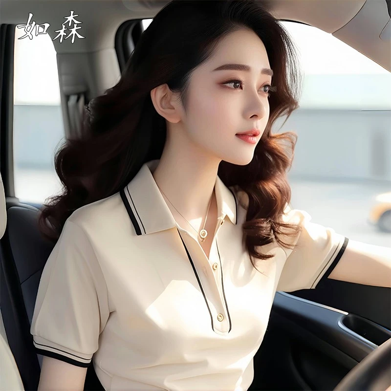 2025夏季新款洋气独特别致上衣短袖减龄polo领通勤白色T恤上衣女