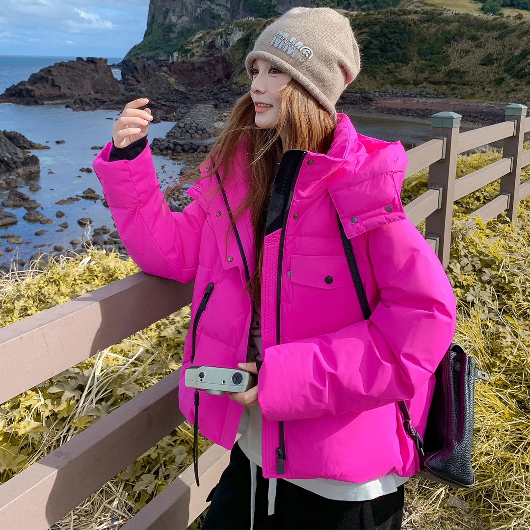 玫粉色连帽羽绒服女冬季2025新款设计感时髦小个子90白鸭绒厚外套