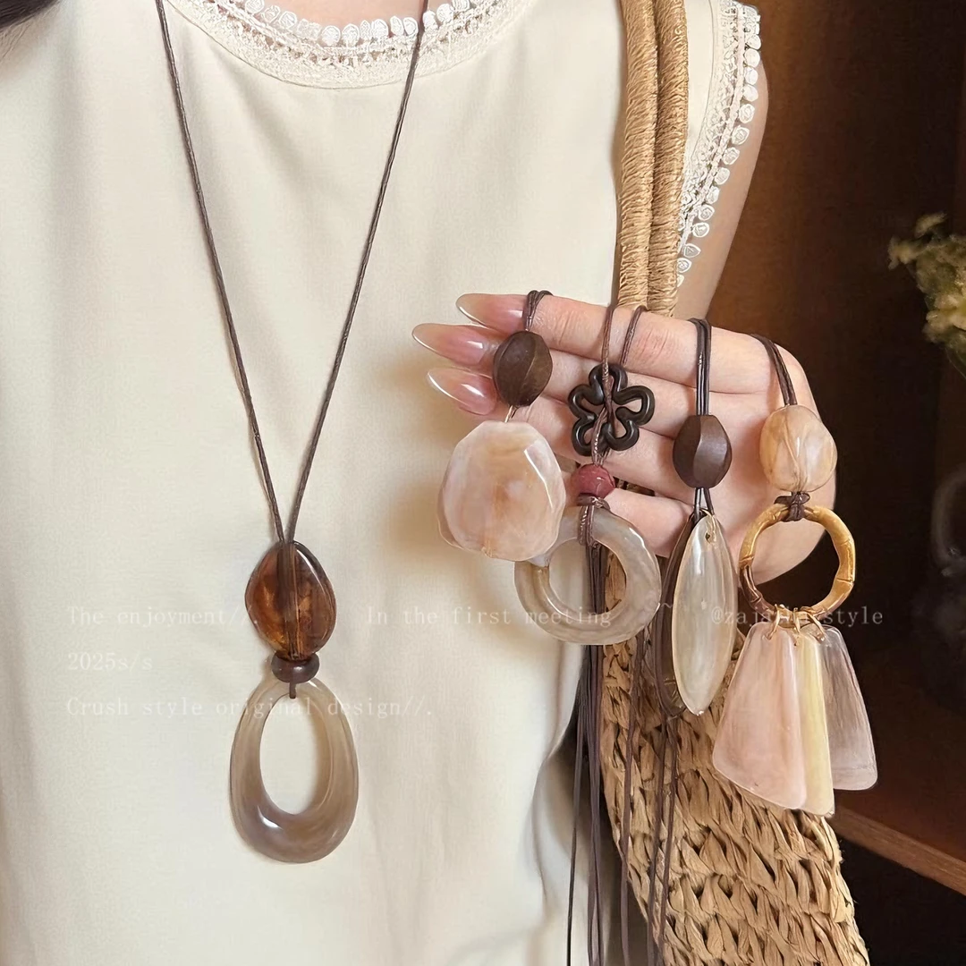 非金属皮质项链 美拉德棕色晕染长款项链女款秋冬气质毛衣链配饰