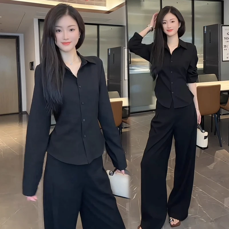 时尚套装女早秋新款时髦洋气长袖衬衫阔腿裤职业气质两件套女款