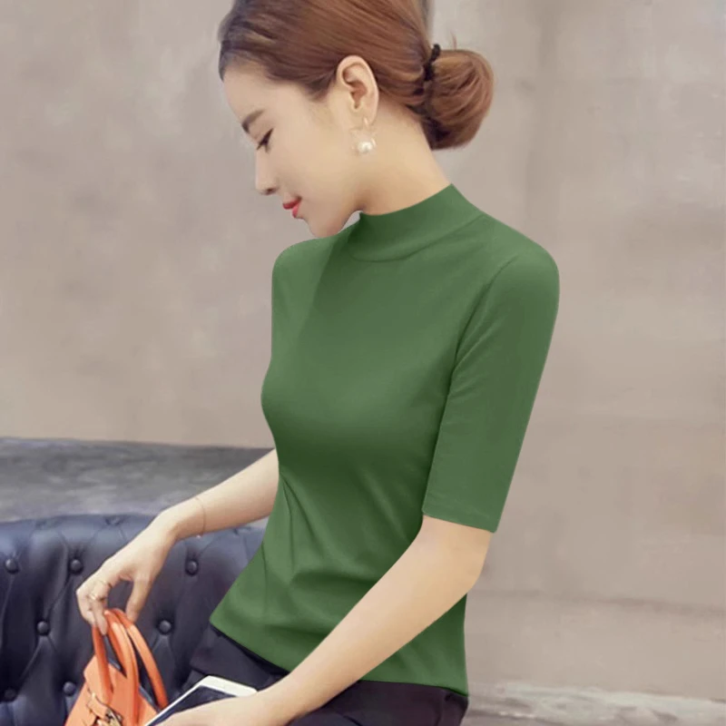 2025年早秋五分袖修身内搭针织衫半高领简约百搭套头时尚打底上衣