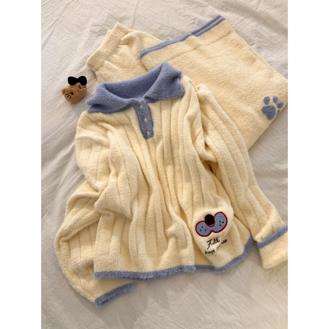 韩版甜美狗爪卡通长袖睡衣女秋冬新款半边绒加厚家居服套装可外穿