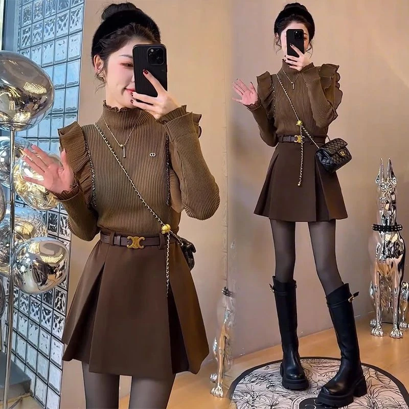 秋季穿搭一整套女2025新款法式修身荷叶边毛衣高腰半身裙两件套潮