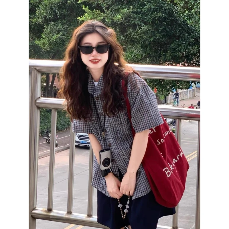 日系潮牌小设计街头宽松泡泡纱格纹荷叶边短袖半袖衬衫女