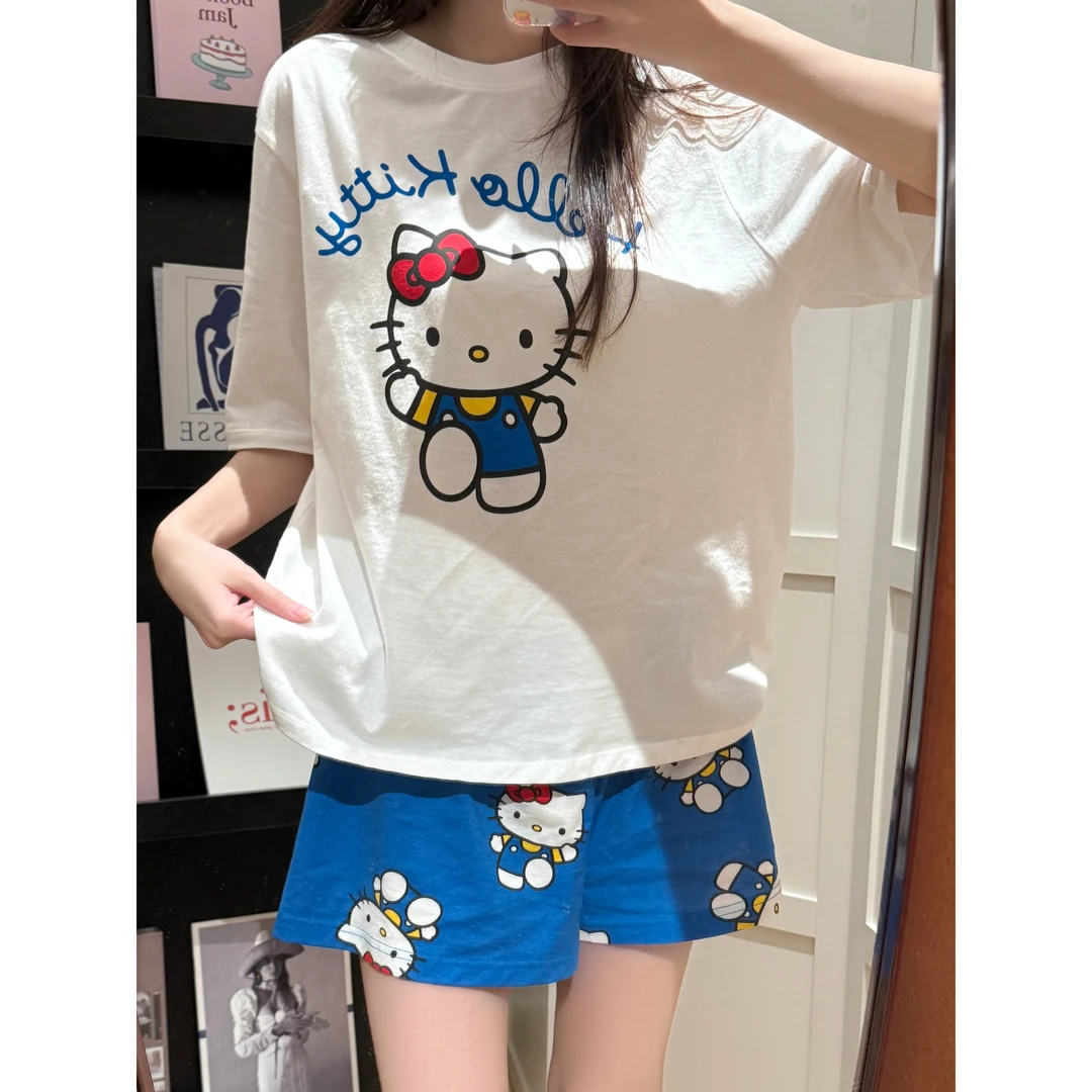 温柔风小个子蓝色凯蒂猫印花居家服短袖T恤女夏日短裤家居服套装