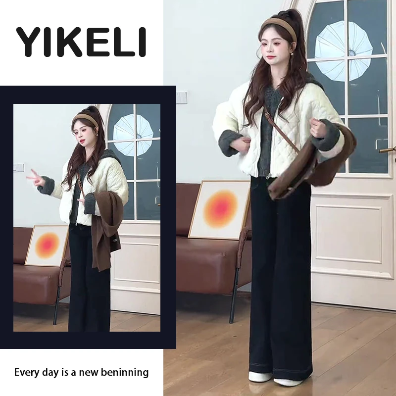 秋冬穿搭2025年新年韩系气质百搭棉服外套连帽毛衣牛仔裤三件套装