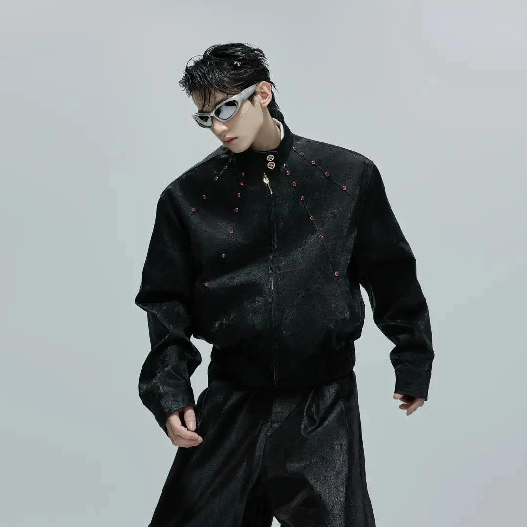 ArguE CulturE小众血蟒蛇纹理感皮衣宝石点缀立领短款夹克外套秋